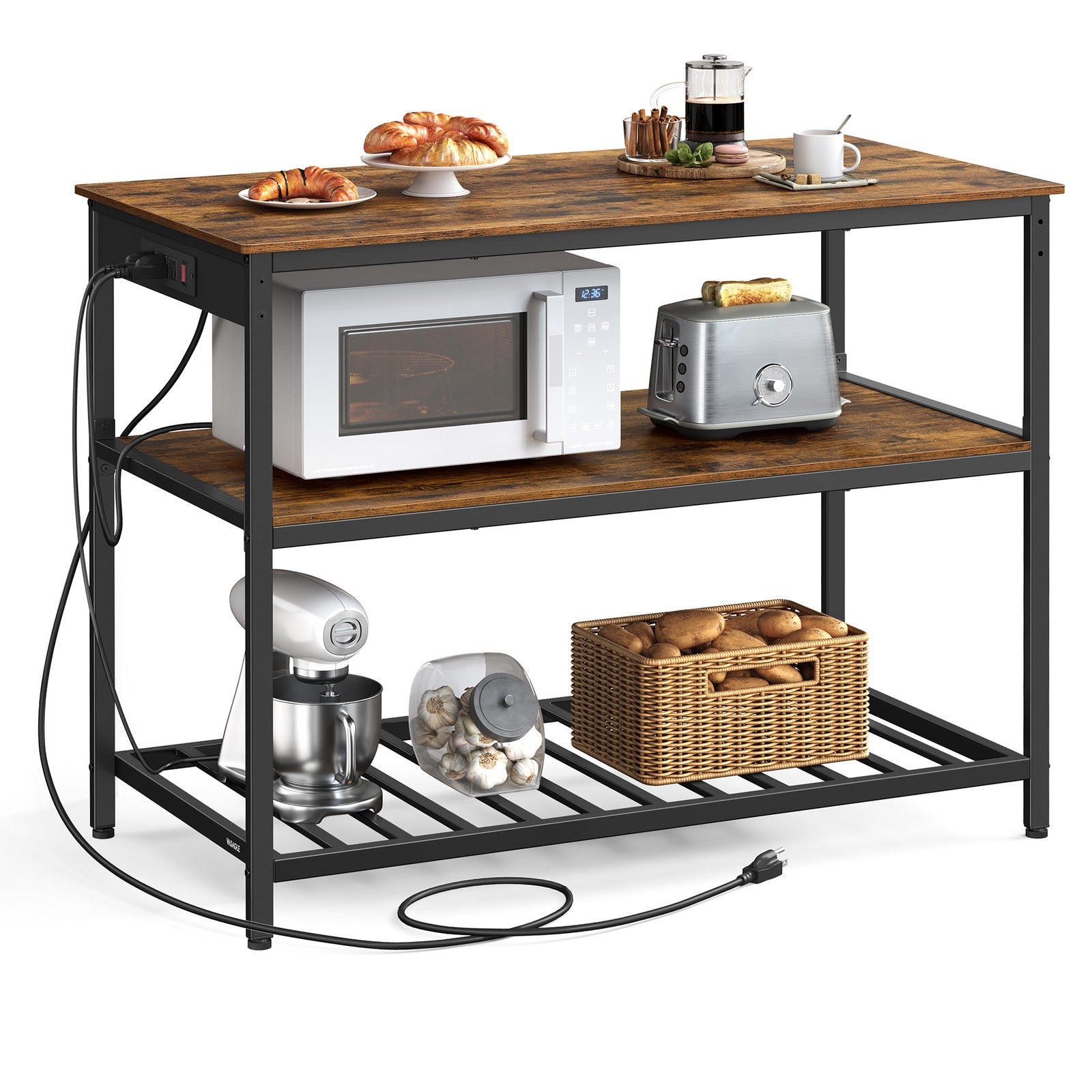 Kitchen Island with 3 Shelves and Power Strip - Rustic Brown, Black