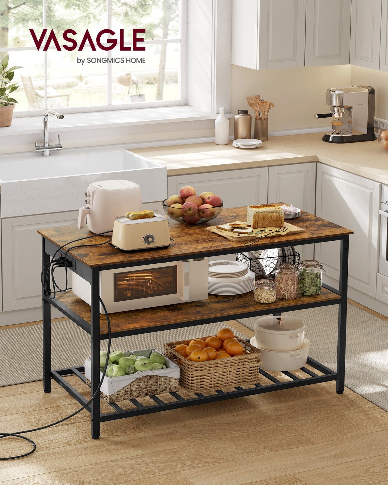 Kitchen Island with 3 Shelves and Power Strip - Rustic Brown, Black