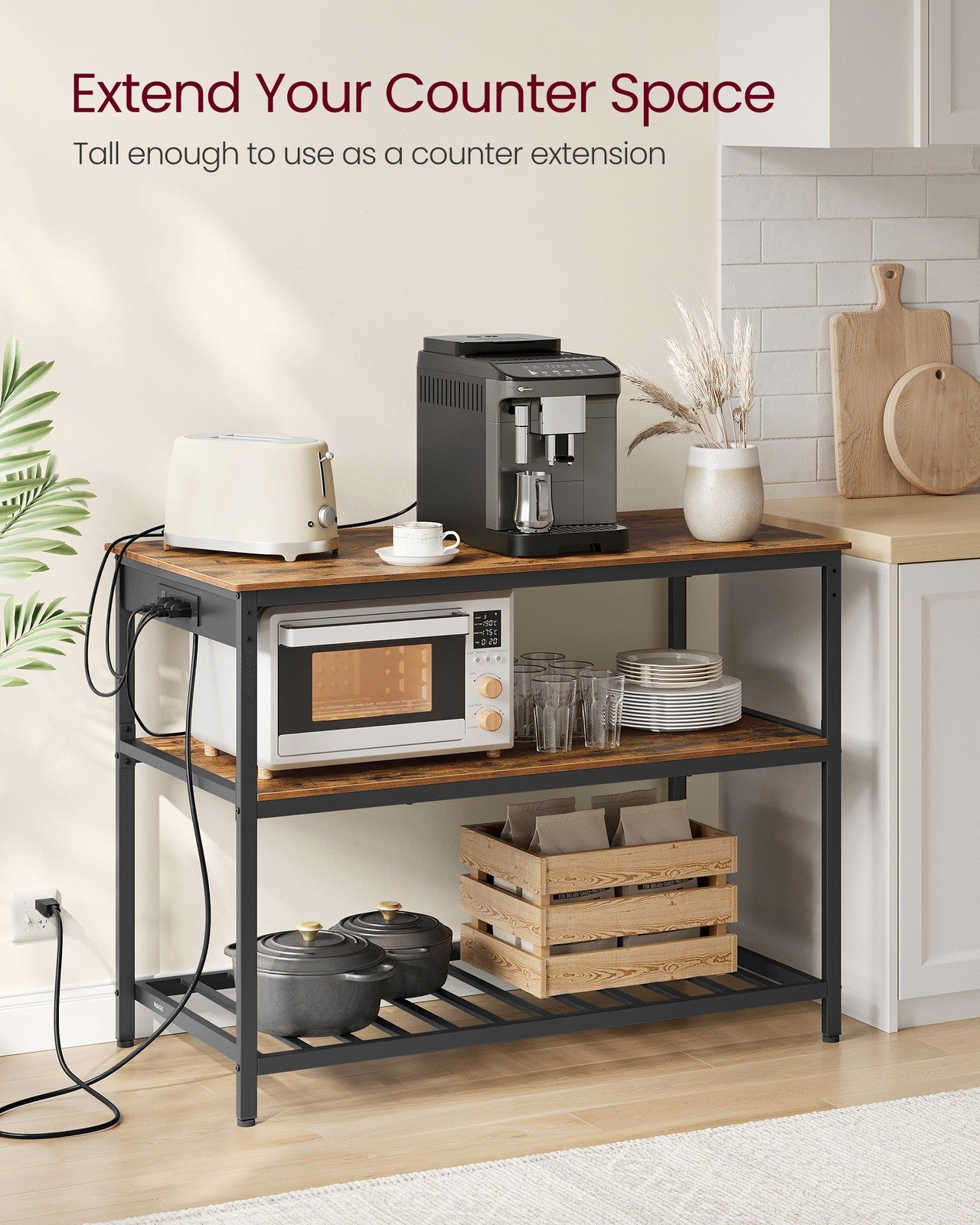 Kitchen Island with 3 Shelves and Power Strip - Rustic Brown, Black