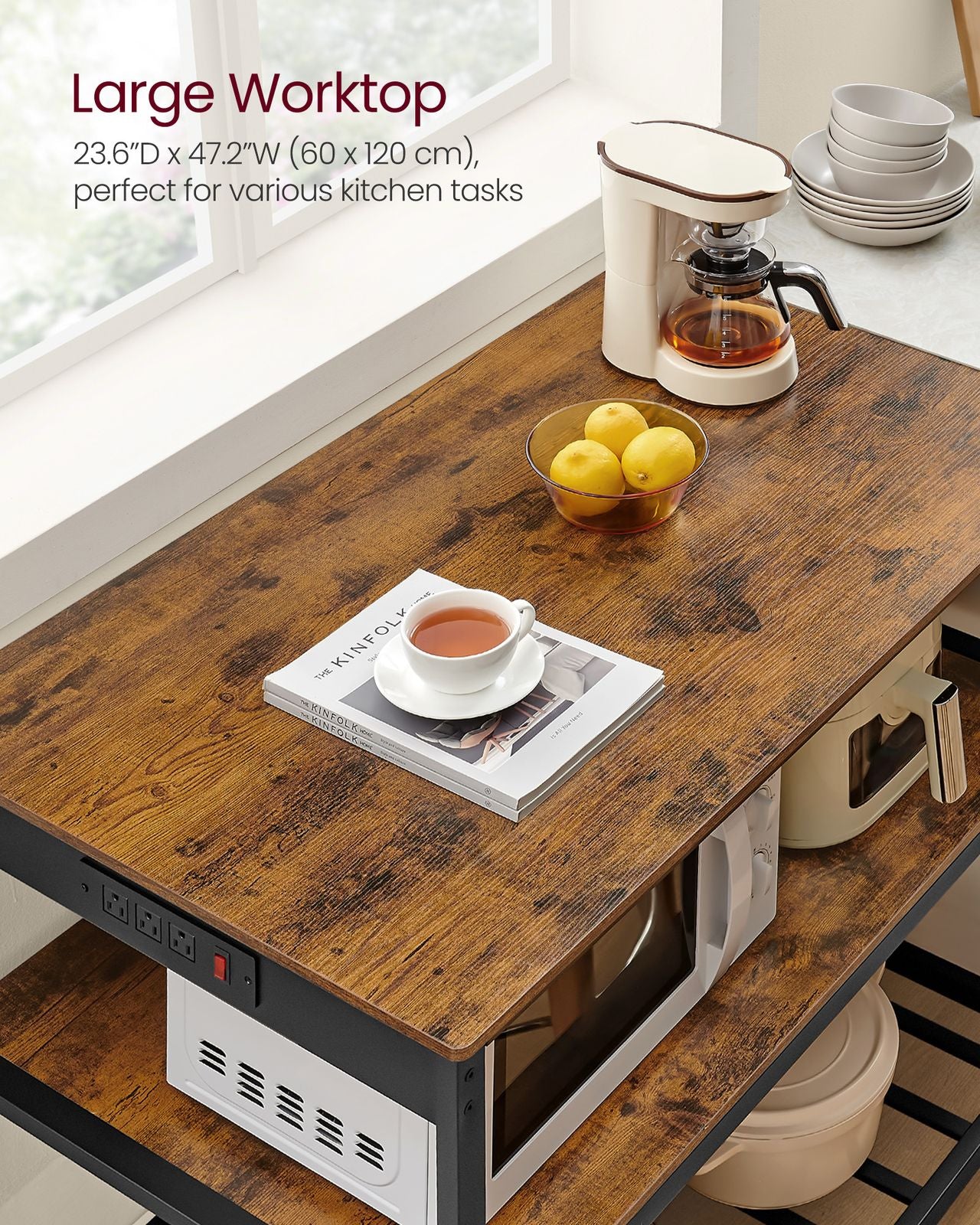 Kitchen Island with 3 Shelves and Power Strip - Rustic Brown, Black