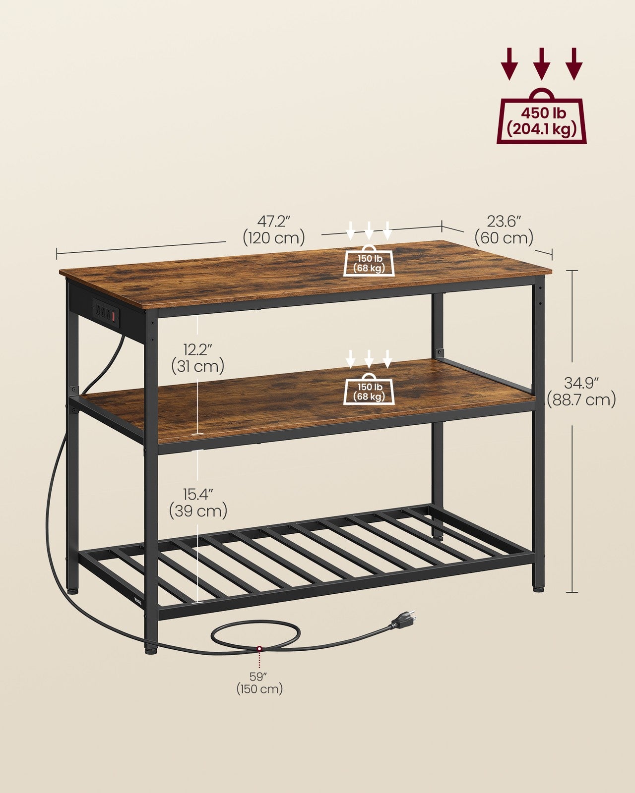 Kitchen Island with 3 Shelves and Power Strip - Rustic Brown, Black