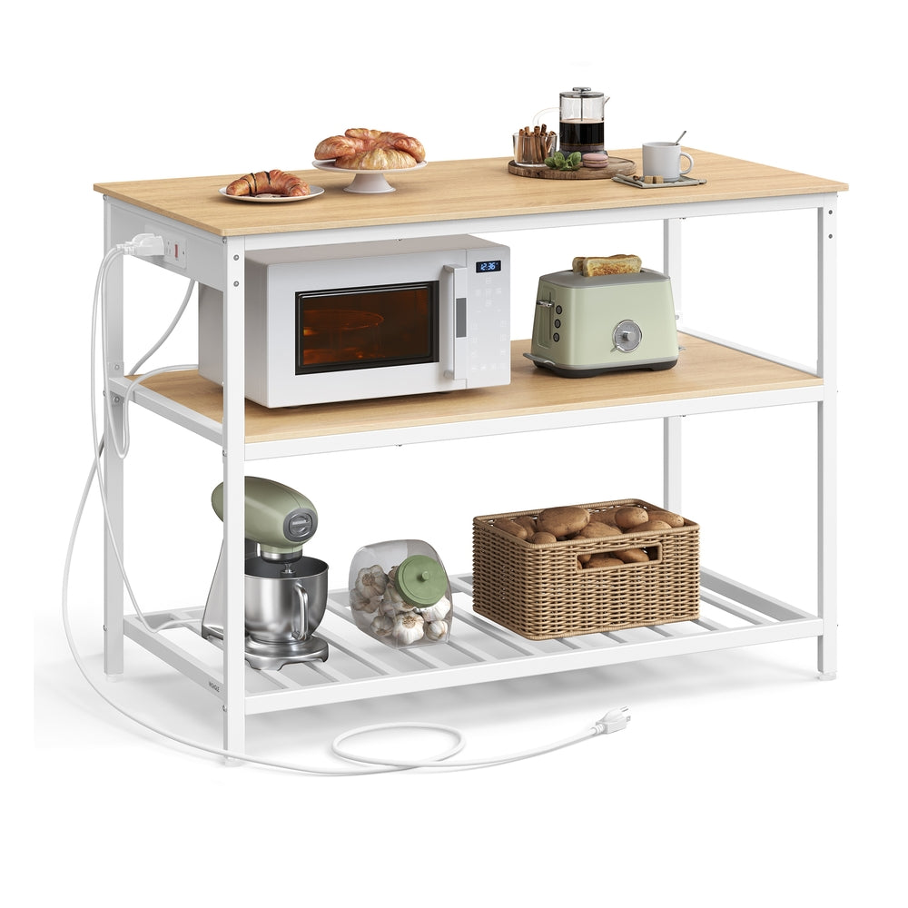 Kitchen Island with 3 Shelves and Power Strip - Golden Oak, White - 23.6”D x 47.2”W x 34.9”H