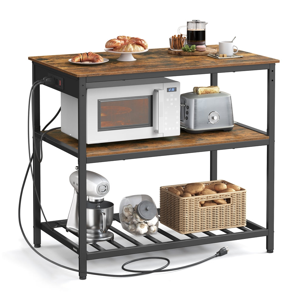 Kitchen Island with 3 Shelves and Power Strip - Rustic Brown, Black - 23.6”D x 39.4”W x 34.9”H