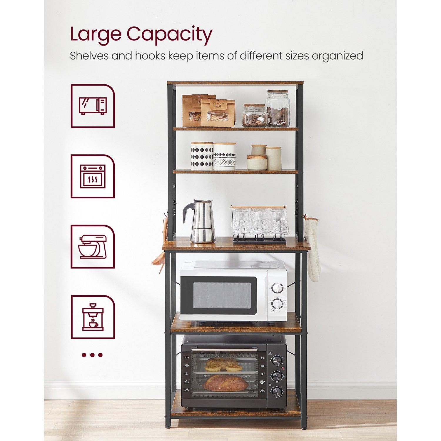 Baker’s Rack for Kitchen with Storage - Rustic Brown, Black