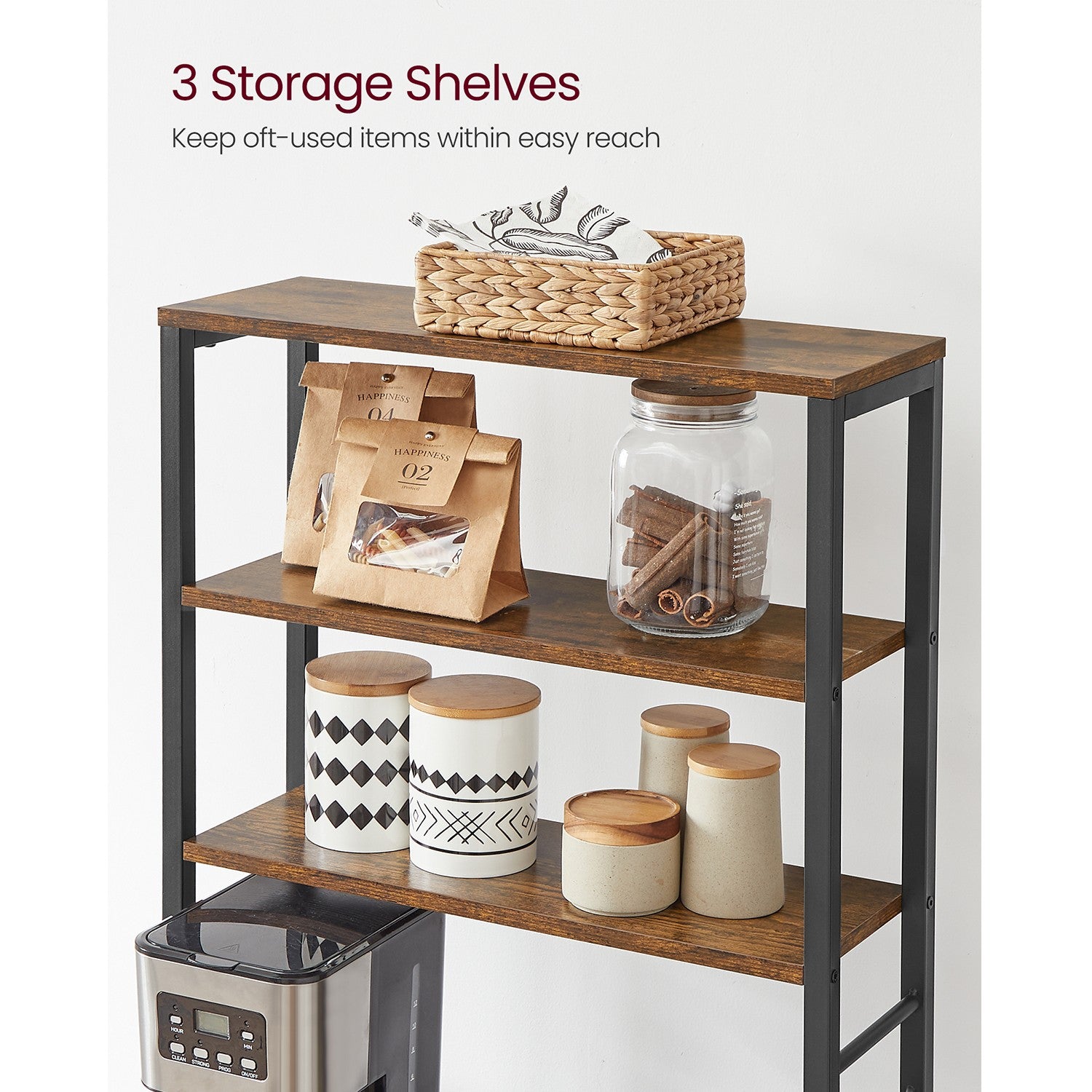 Baker’s Rack for Kitchen with Storage - Rustic Brown, Black
