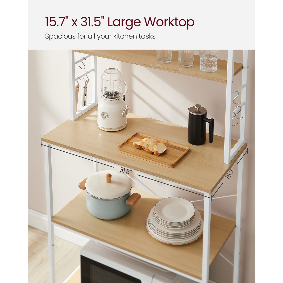 Baker's Rack for Kitchen - With Storage - 6 Hooks