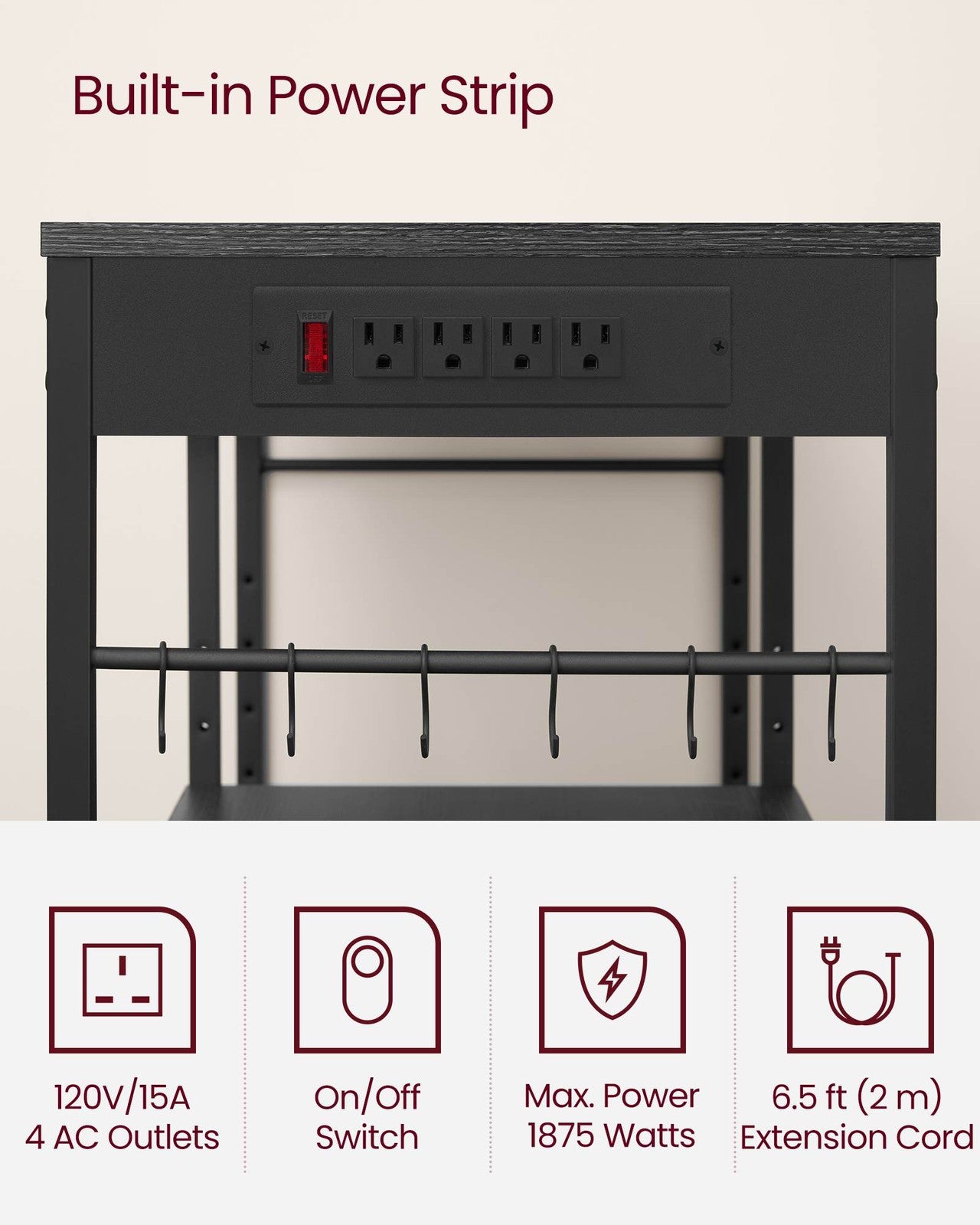 Baker's Rack with Charging Station - Charcoal Gray, Ink Black