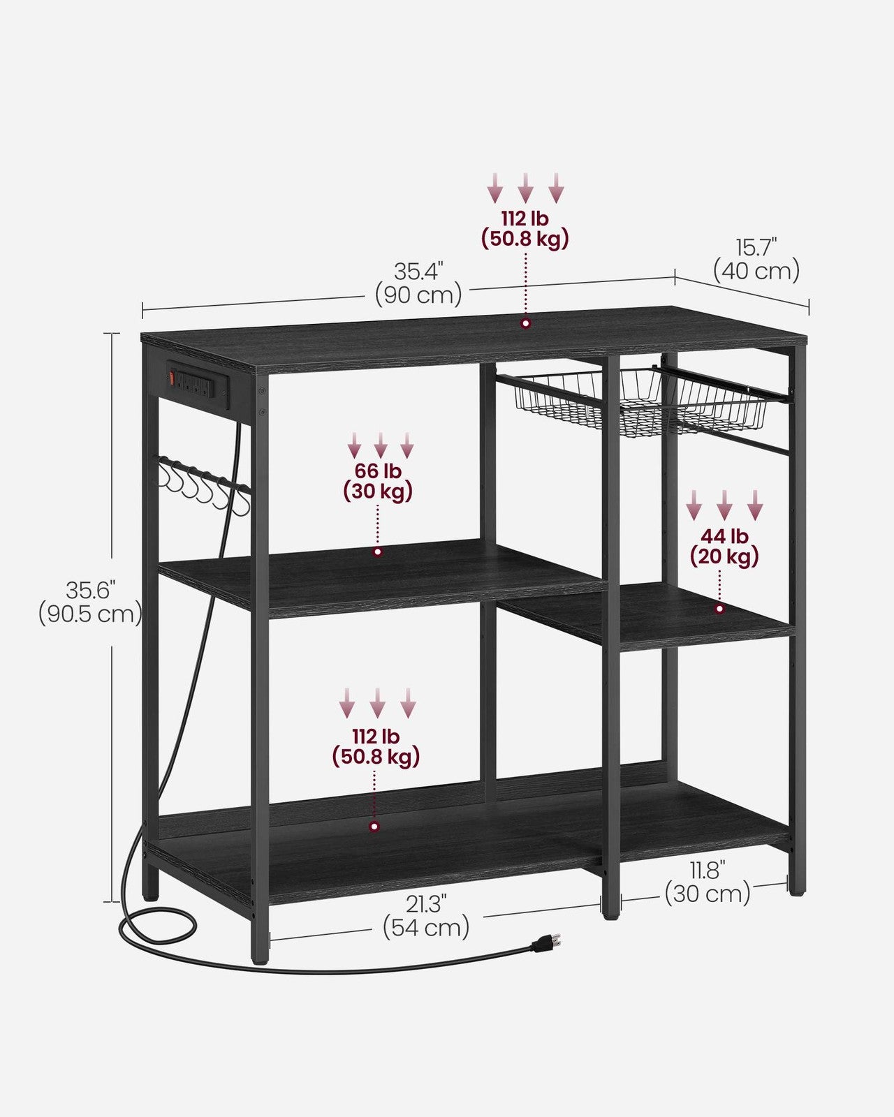Baker's Rack with Charging Station - Charcoal Gray, Ink Black