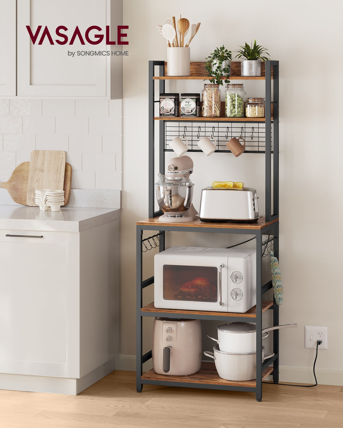Hutch Bakers Rack with Power Outlet - Rustic Brown, Black