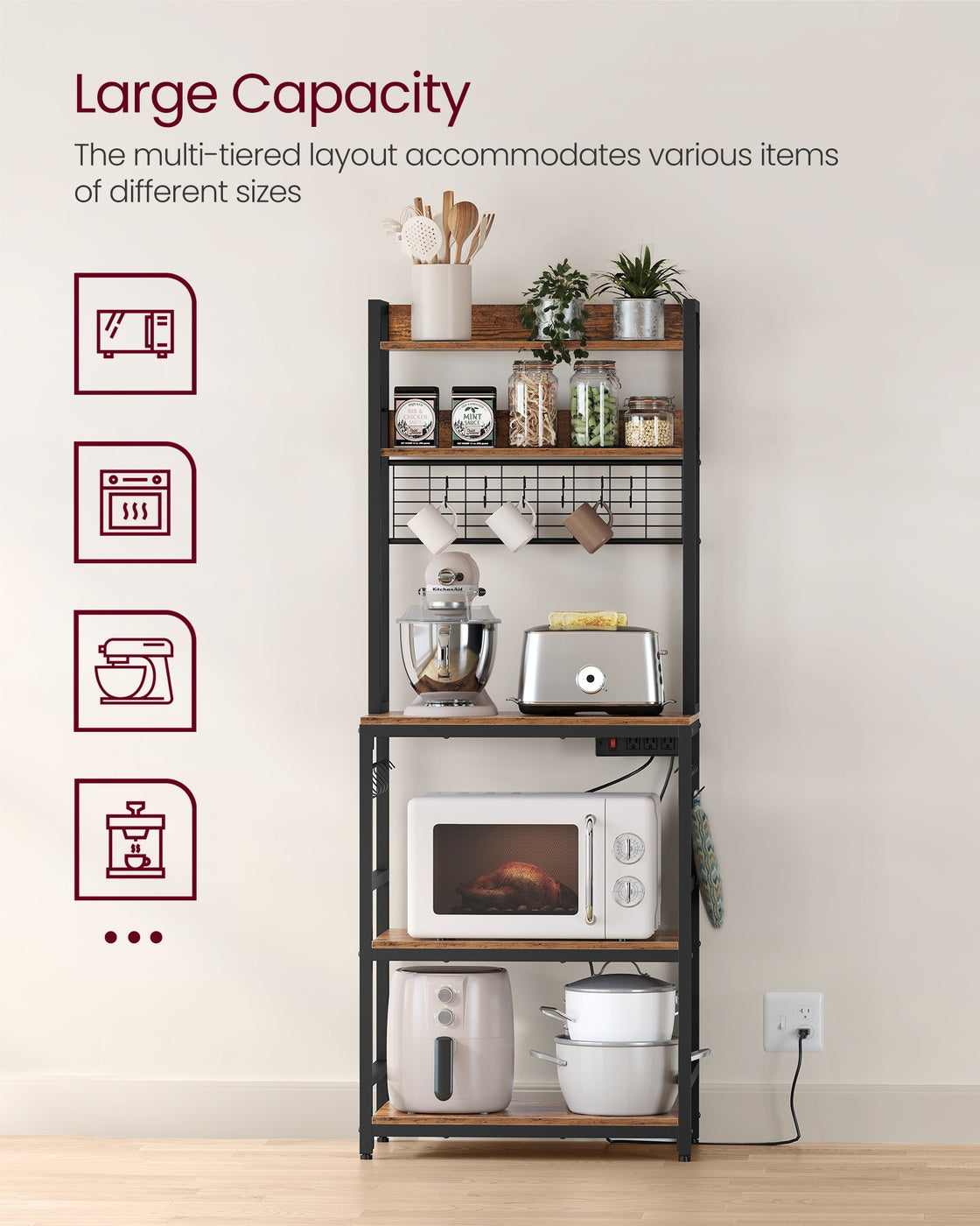 Hutch Bakers Rack with Power Outlet - Rustic Brown, Black