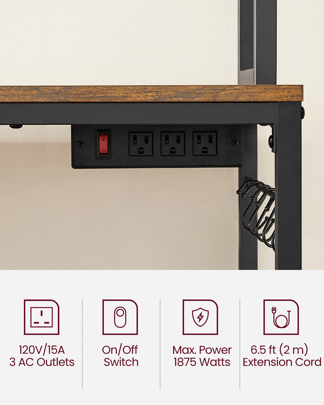 Hutch Bakers Rack with Power Outlet - Rustic Brown, Black