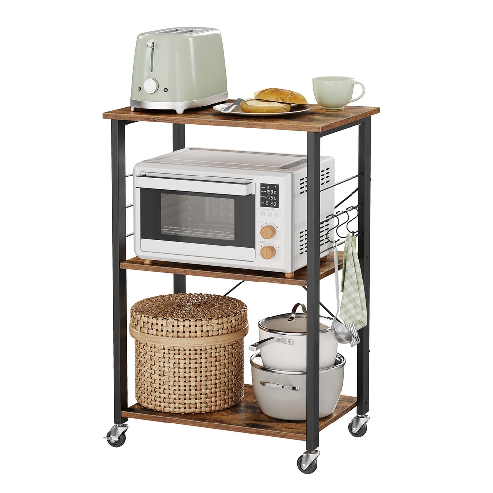 Industrial Kitchen Baker's Rack - 3 Tier - Microwave Stand With 6 Hooks - Rustic Brown