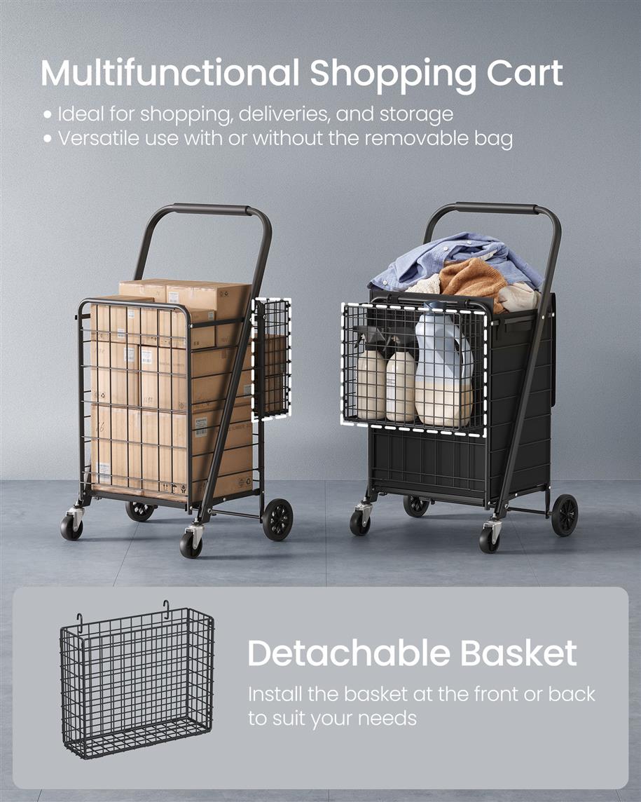 Foldable Shopping Cart with 360° Swivel Wheels - Ink Black