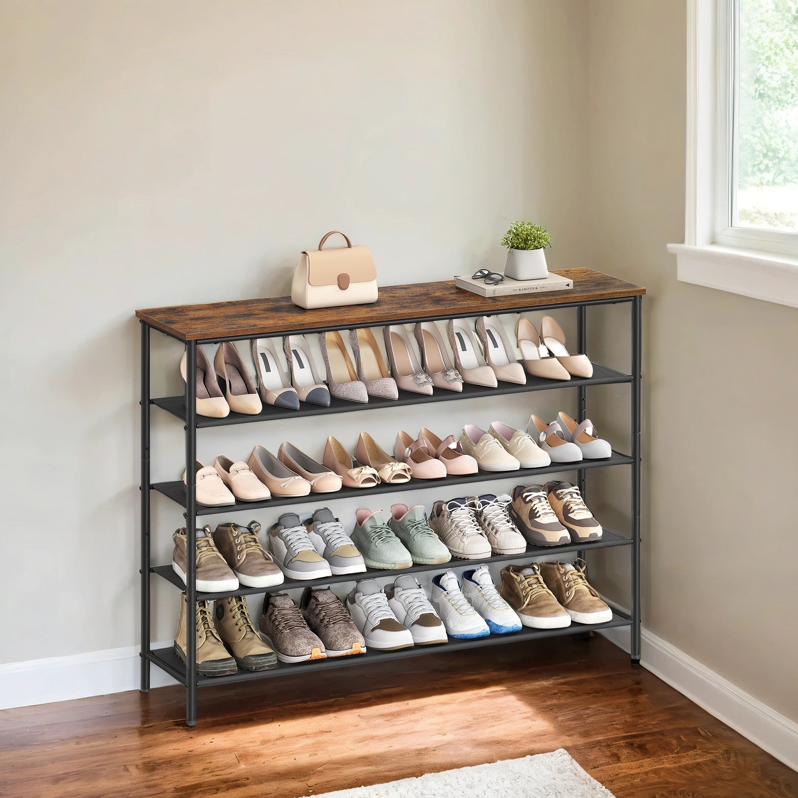 Shoe Storage Shelf with Fabric Tiers for Entryway or Closet - Rustic Brown, Black - 11.8"D x 34.8"W x 47.2"H