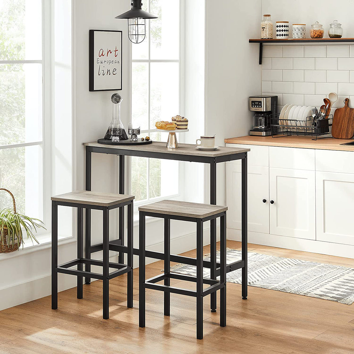 Set of 2 Greige Bar Stool with Metal Frame - Black