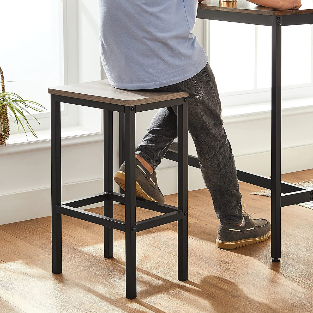 Set of 2 Greige Bar Stool with Metal Frame - Black