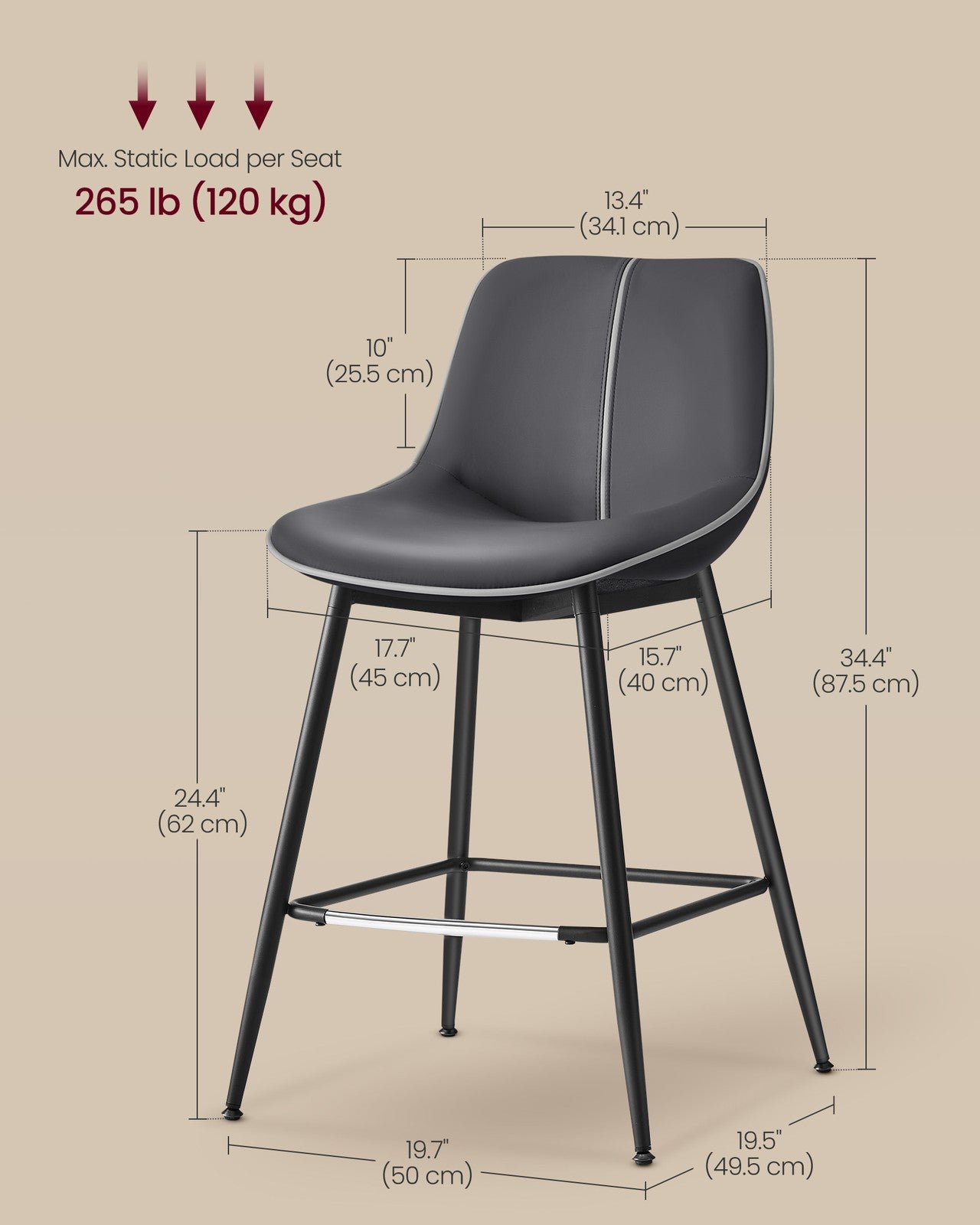 Counter Height Bar Stools with Back Set of 2 - Ink Black