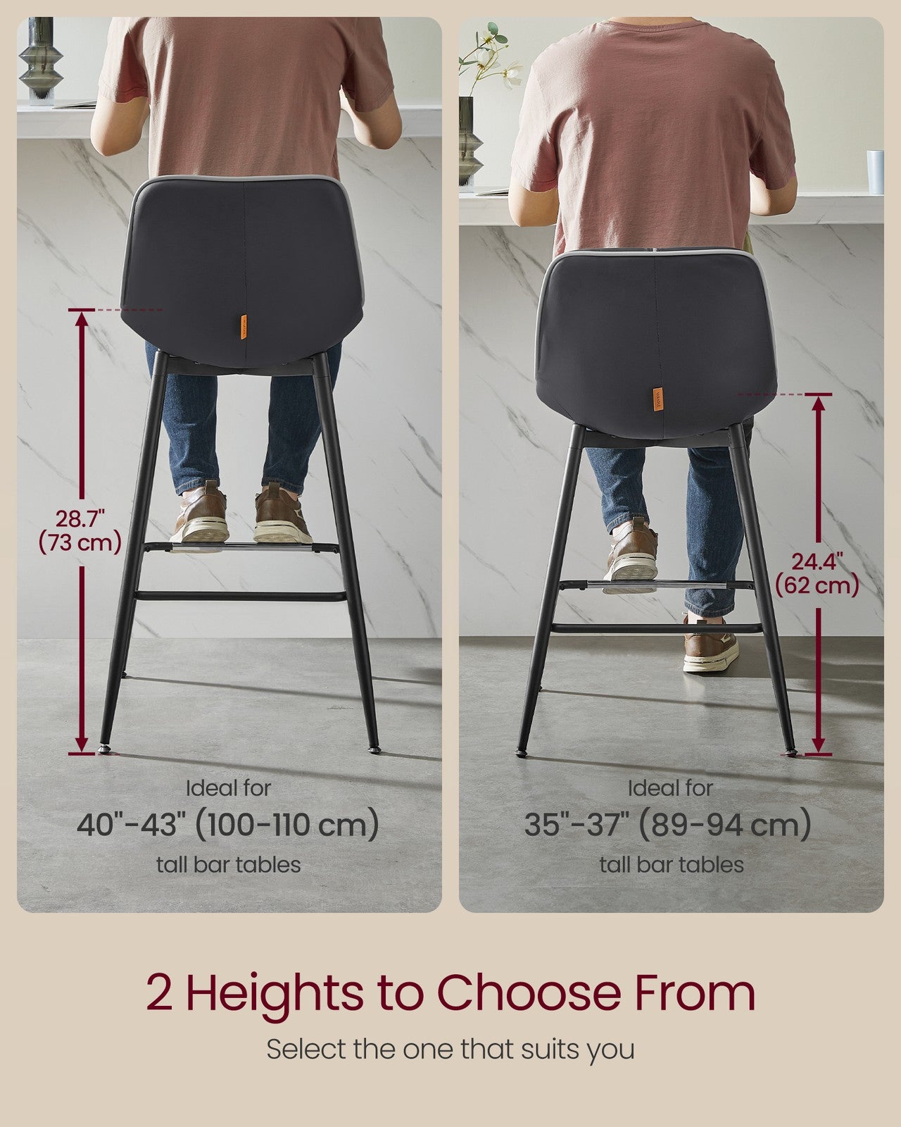 Counter Height Bar Stools with Back Set of 2 - Ink Black