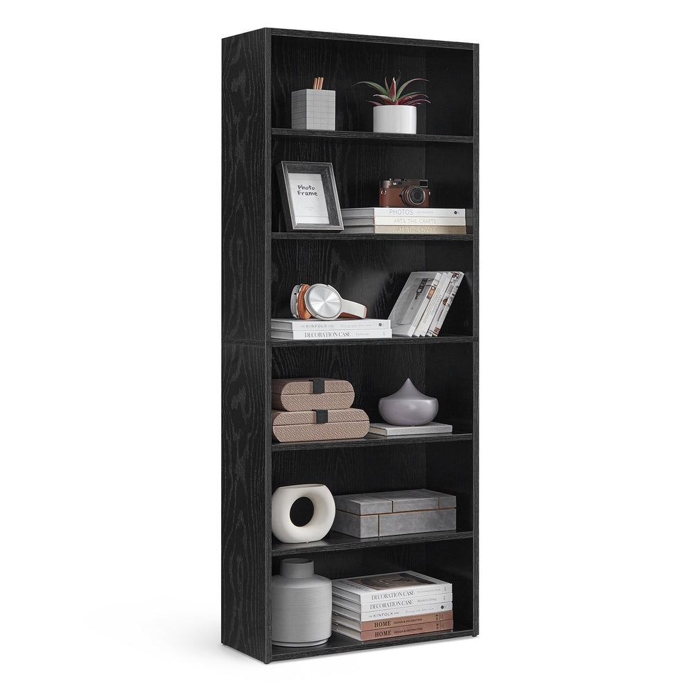6-Tier Open Bookcase with Adjustable Storage Shelves - Black with Wood Grain