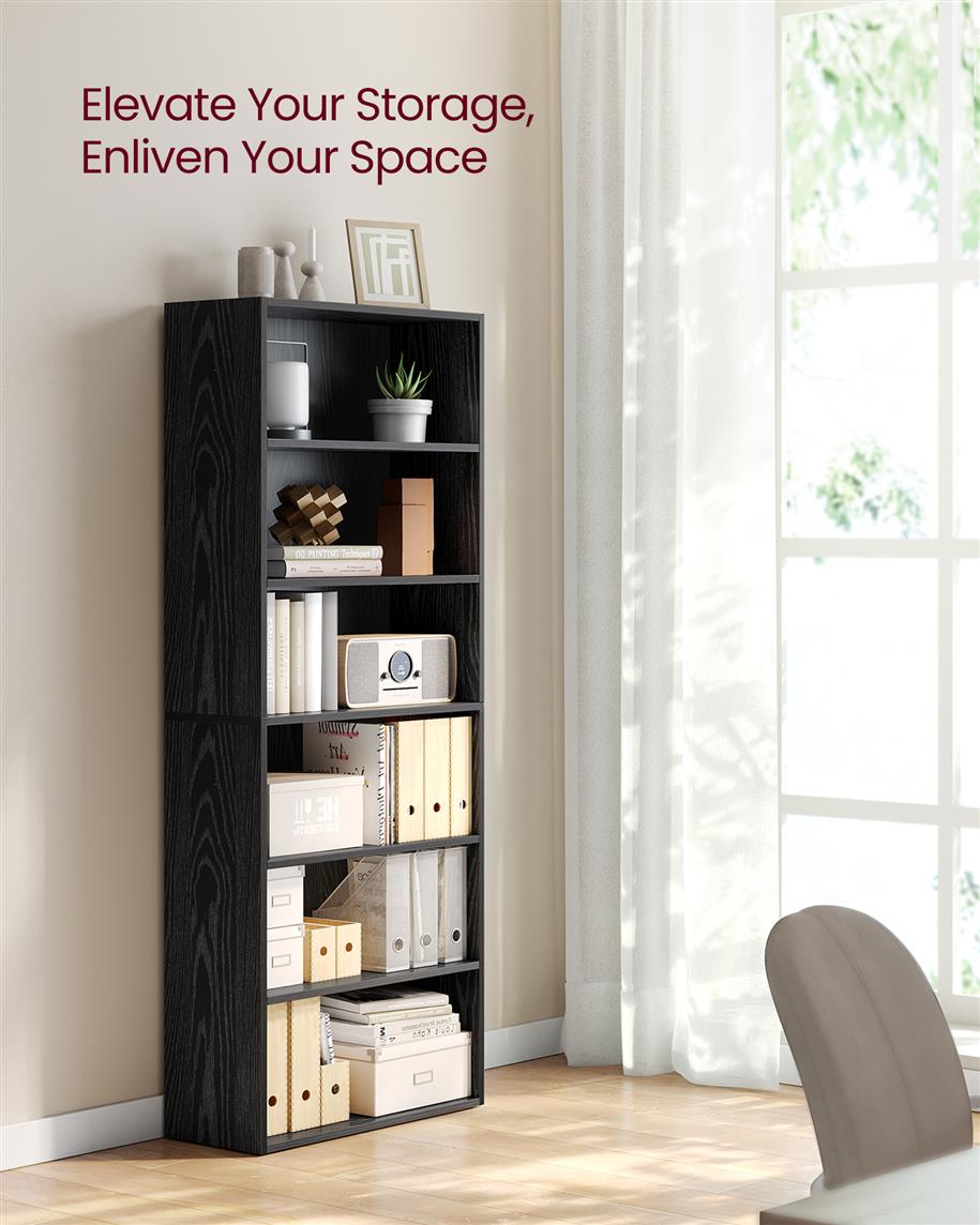 6-Tier Open Bookcase with Adjustable Storage Shelves - Black with Wood Grain