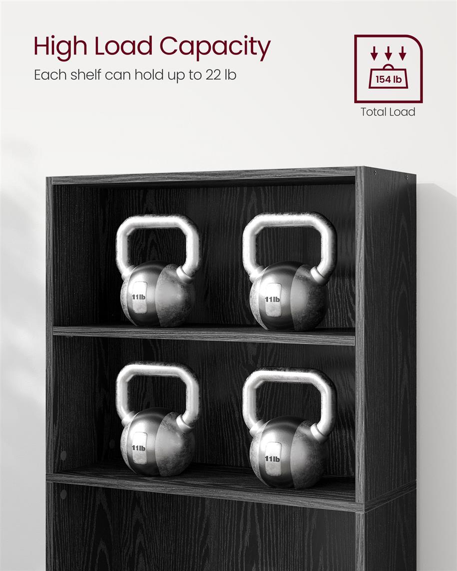 6-Tier Open Bookcase with Adjustable Storage Shelves - Black with Wood Grain