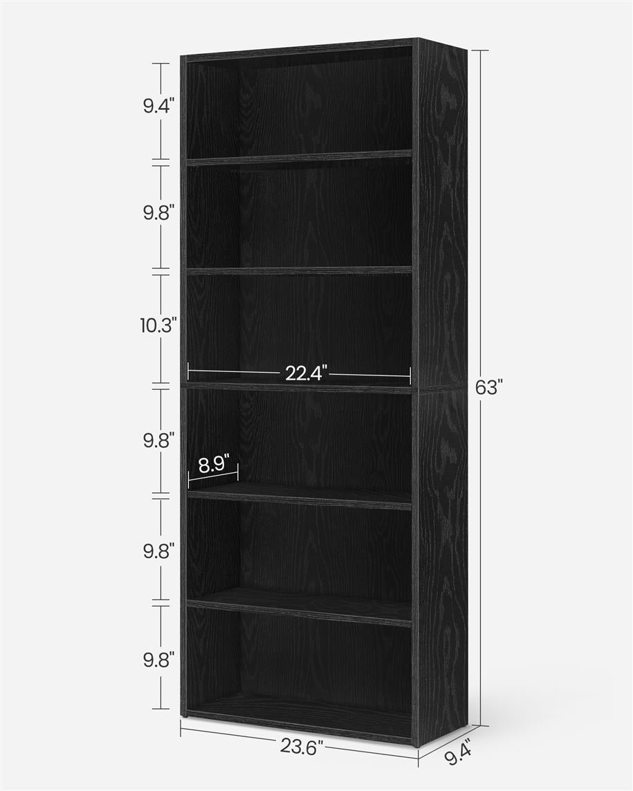 6-Tier Open Bookcase with Adjustable Storage Shelves - Black with Wood Grain