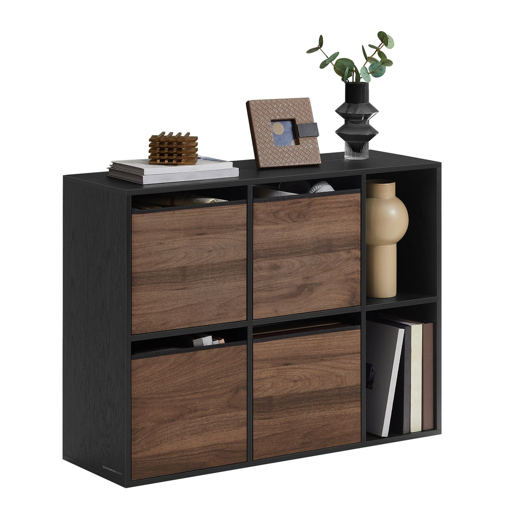 Bookshelf - Superfast Toolless Assembly - Cube Storage Organizer with 6 Compartments - Bookcase - 4 Fabric Drawers - 10.6 x 32.7 x 24.3 Inches - Natural Walnut and Ebony Black ULBC196B01 - Natural Walnut, Ebony Black