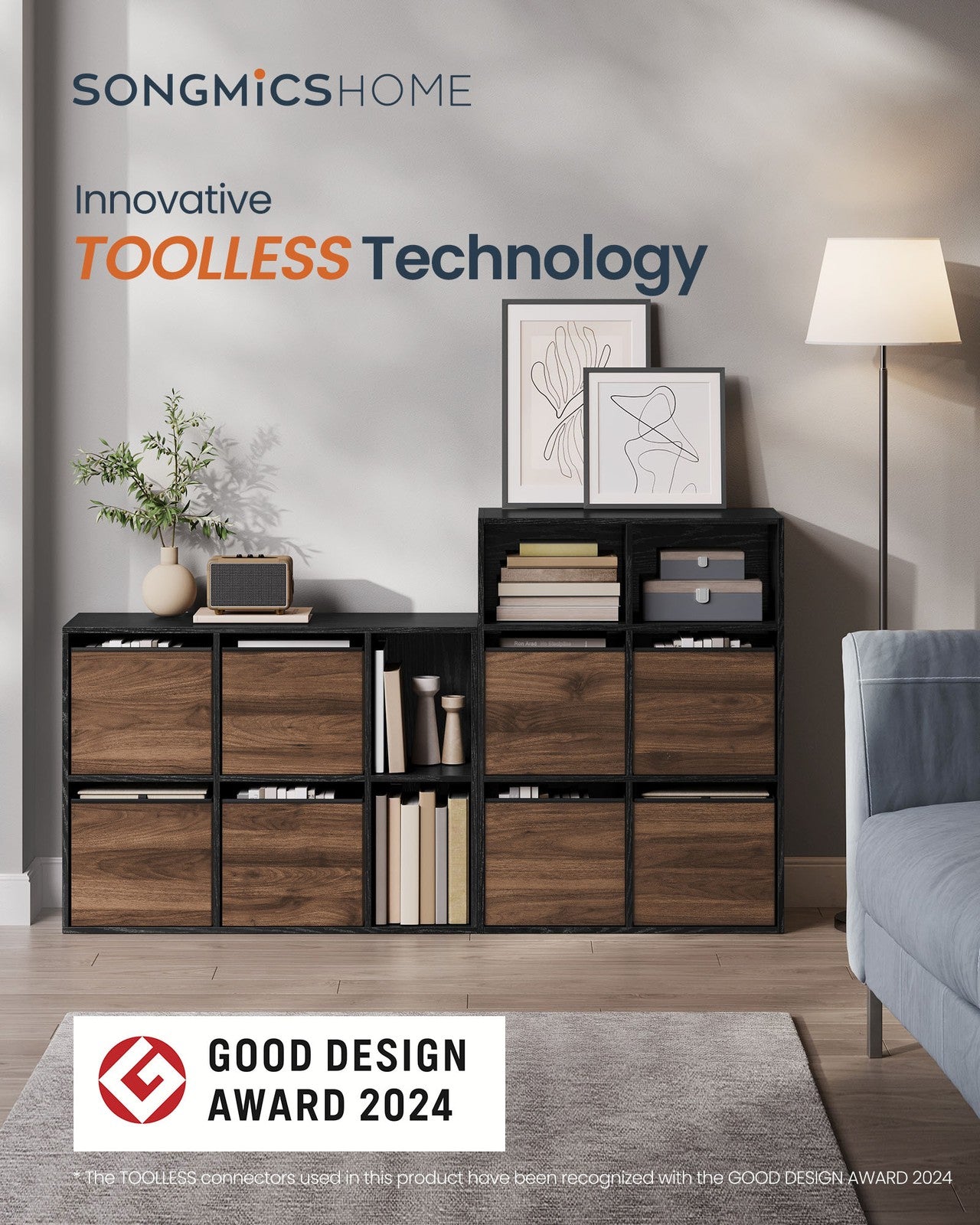 Bookshelf - Superfast Toolless Assembly - Cube Storage Organizer with 6 Compartments - Bookcase - 4 Fabric Drawers - 10.6 x 32.7 x 24.3 Inches - Natural Walnut and Ebony Black ULBC196B01 - Natural Walnut, Ebony Black