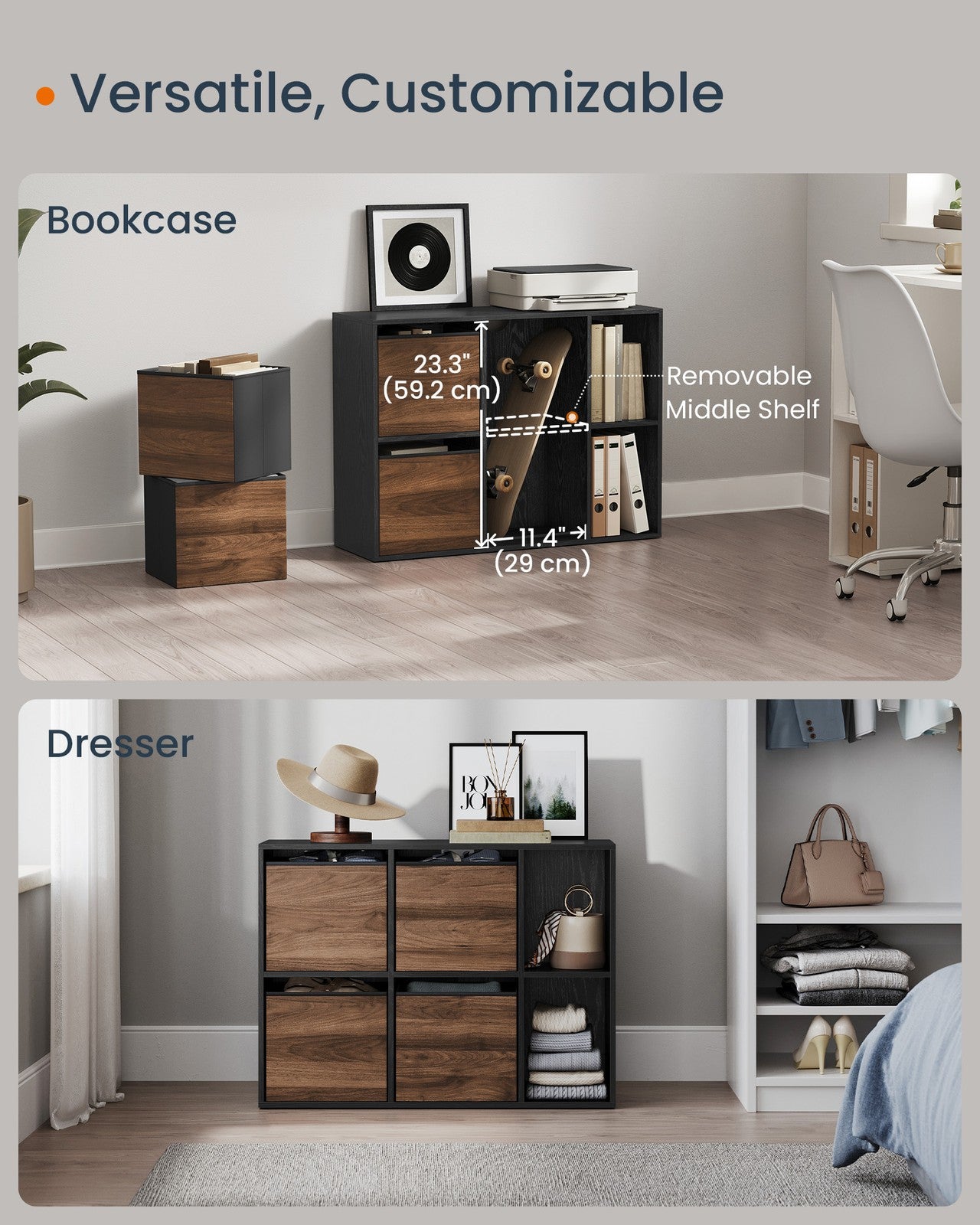 Bookshelf - Superfast Toolless Assembly - Cube Storage Organizer with 6 Compartments - Bookcase - 4 Fabric Drawers - 10.6 x 32.7 x 24.3 Inches - Natural Walnut and Ebony Black ULBC196B01 - Natural Walnut, Ebony Black