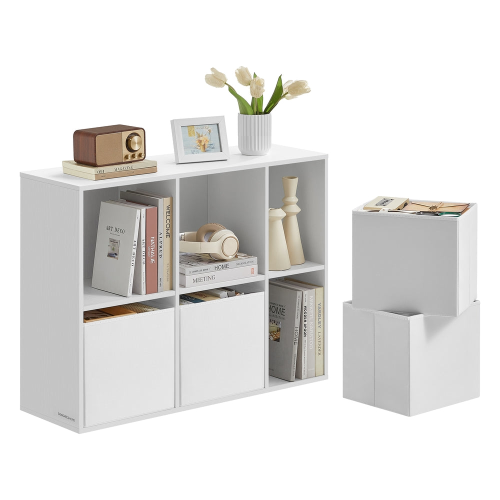 Bookshelf - Superfast Toolless Assembly - Cube Storage Organizer with 6 Compartments - Bookcase - 4 Fabric Drawers - 10.6 x 32.7 x 24.3 Inches - Natural Walnut and Ebony Black ULBC196B01 - Snow White