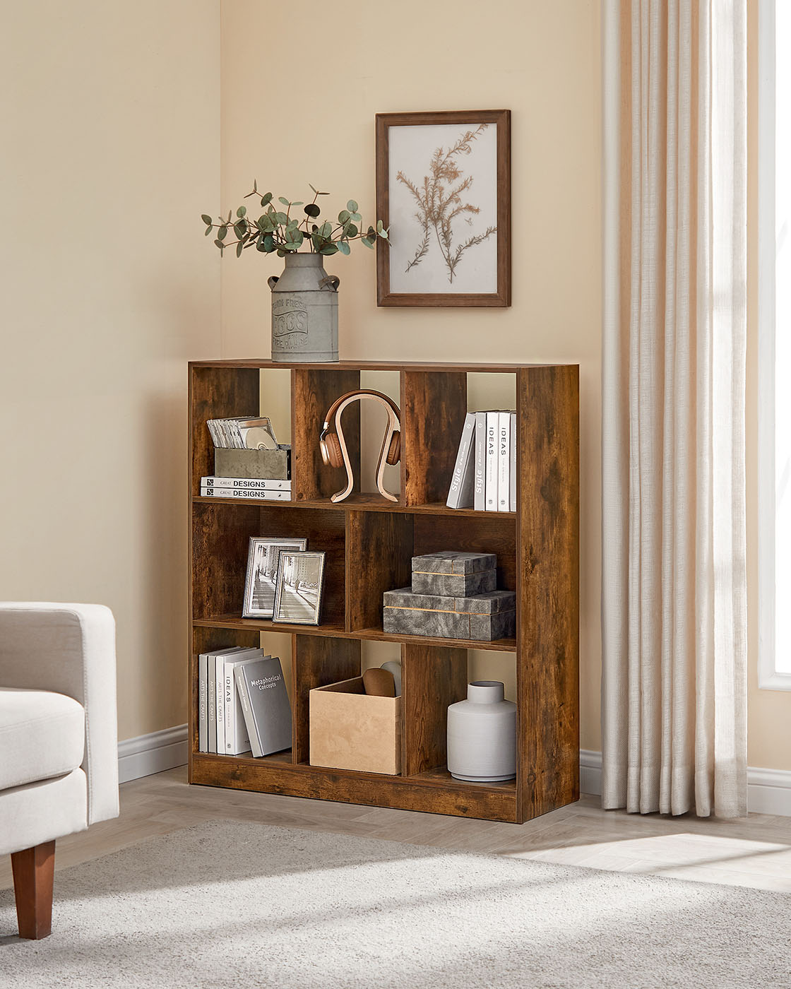 Bookcase with 8 Open Compartments - Rustic Brown
