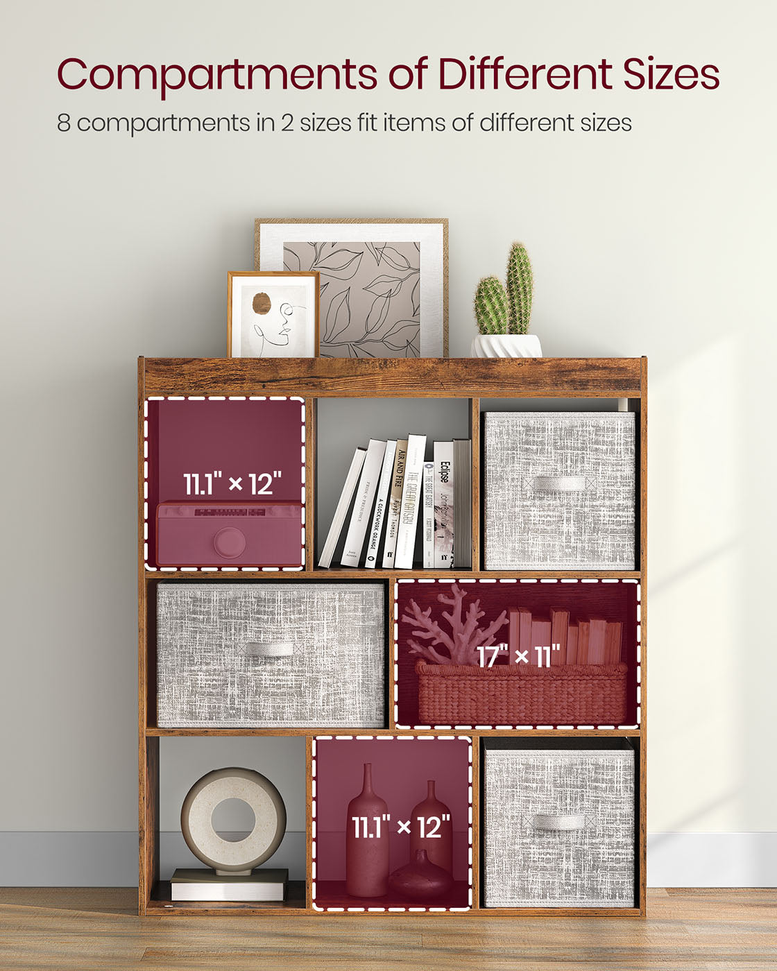 Bookcase with 8 Open Compartments - Rustic Brown