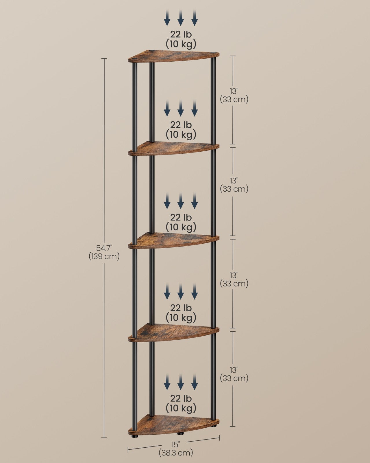Corner Shelf - Superfast Toolless Assembly - 5-Tier Corner Standing Shelf - Corner Shelf Stand - Rustic Brown