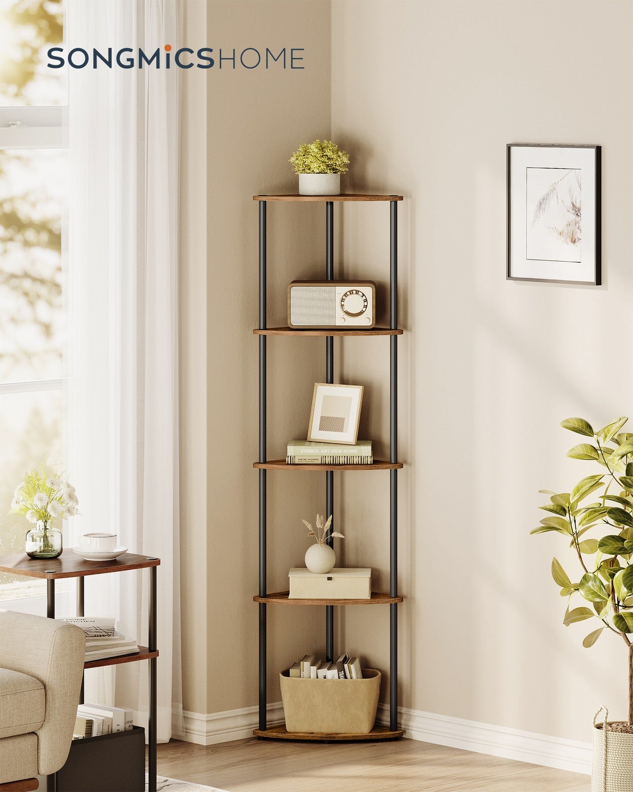 Corner Shelf - Superfast Toolless Assembly - 5-Tier Corner Standing Shelf - Corner Shelf Stand - Rustic Brown
