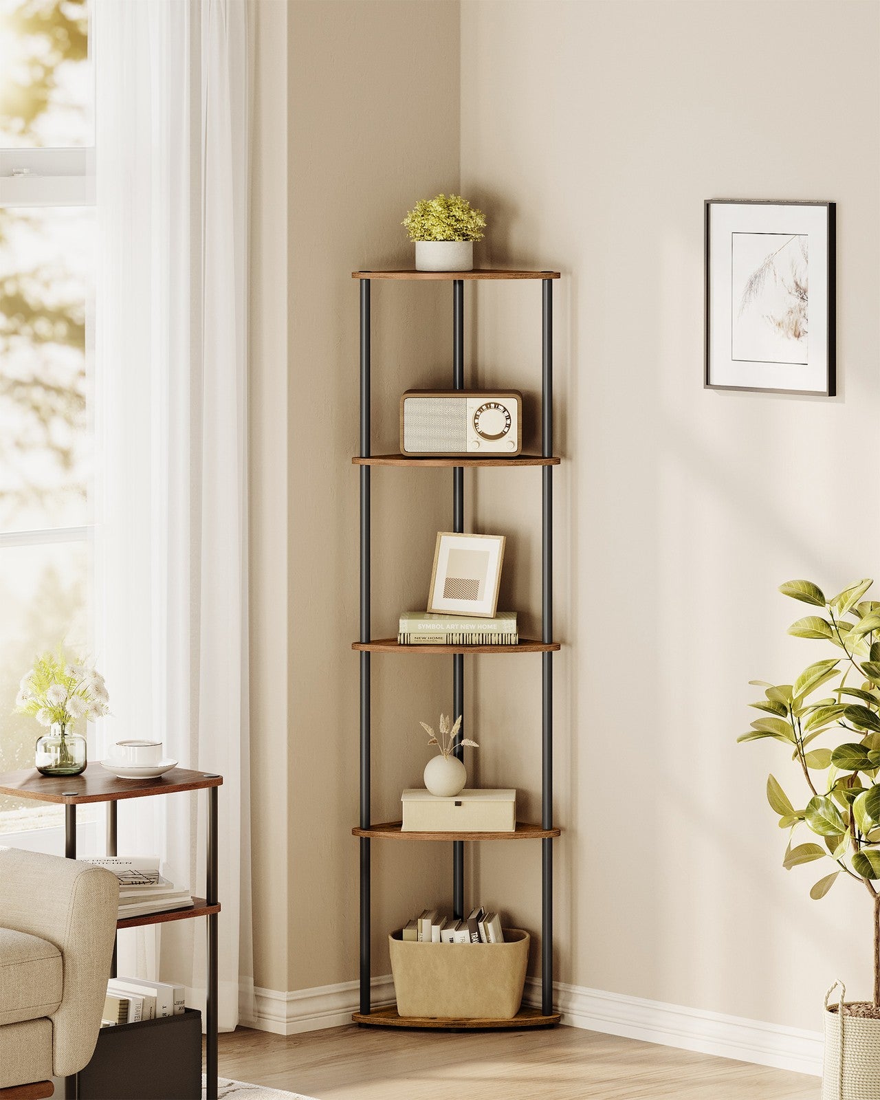 Corner Shelf - Superfast Toolless Assembly - 5-Tier Corner Standing Shelf - Corner Shelf Stand - Rustic Brown