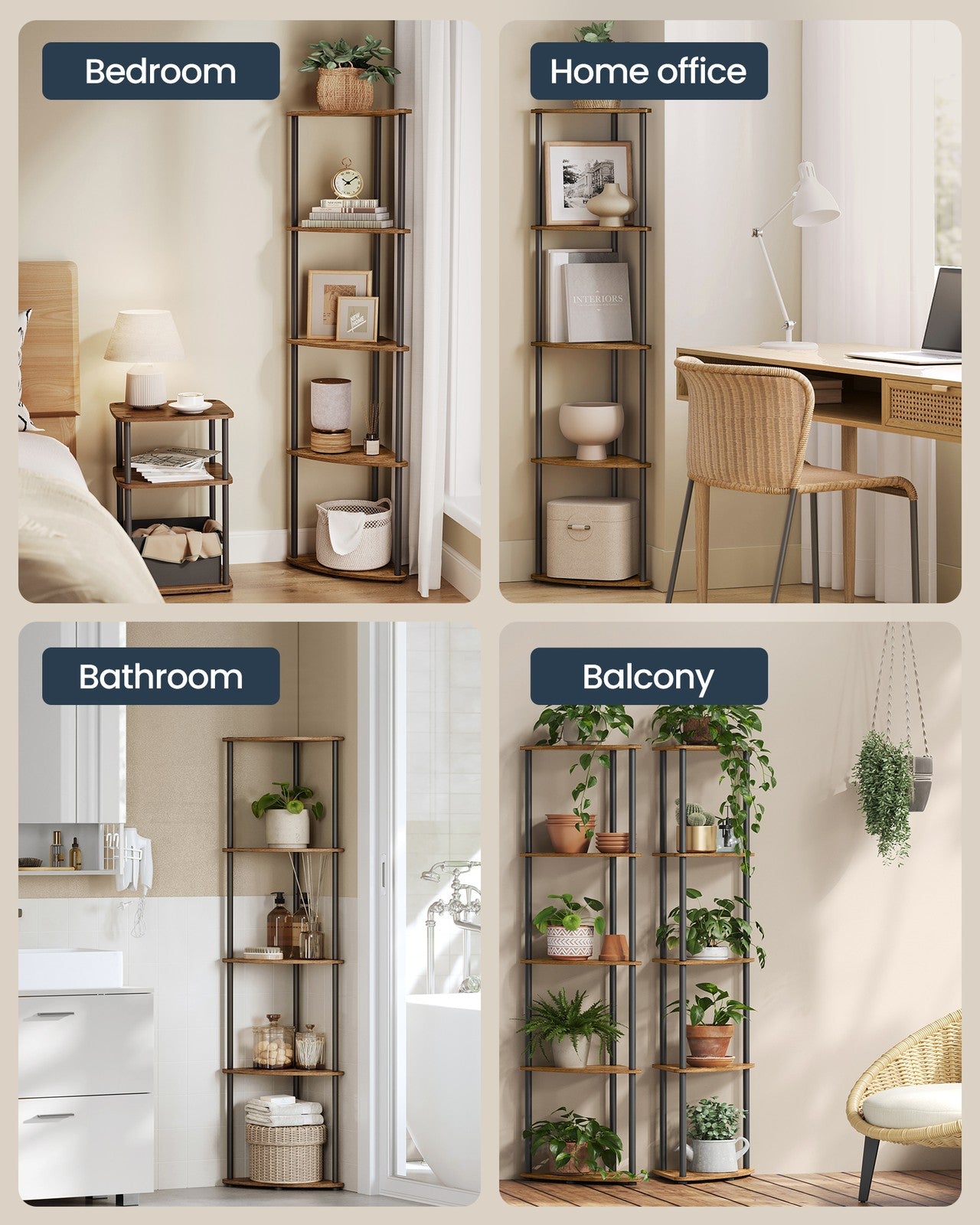 Corner Shelf - Superfast Toolless Assembly - 5-Tier Corner Standing Shelf - Corner Shelf Stand - Rustic Brown