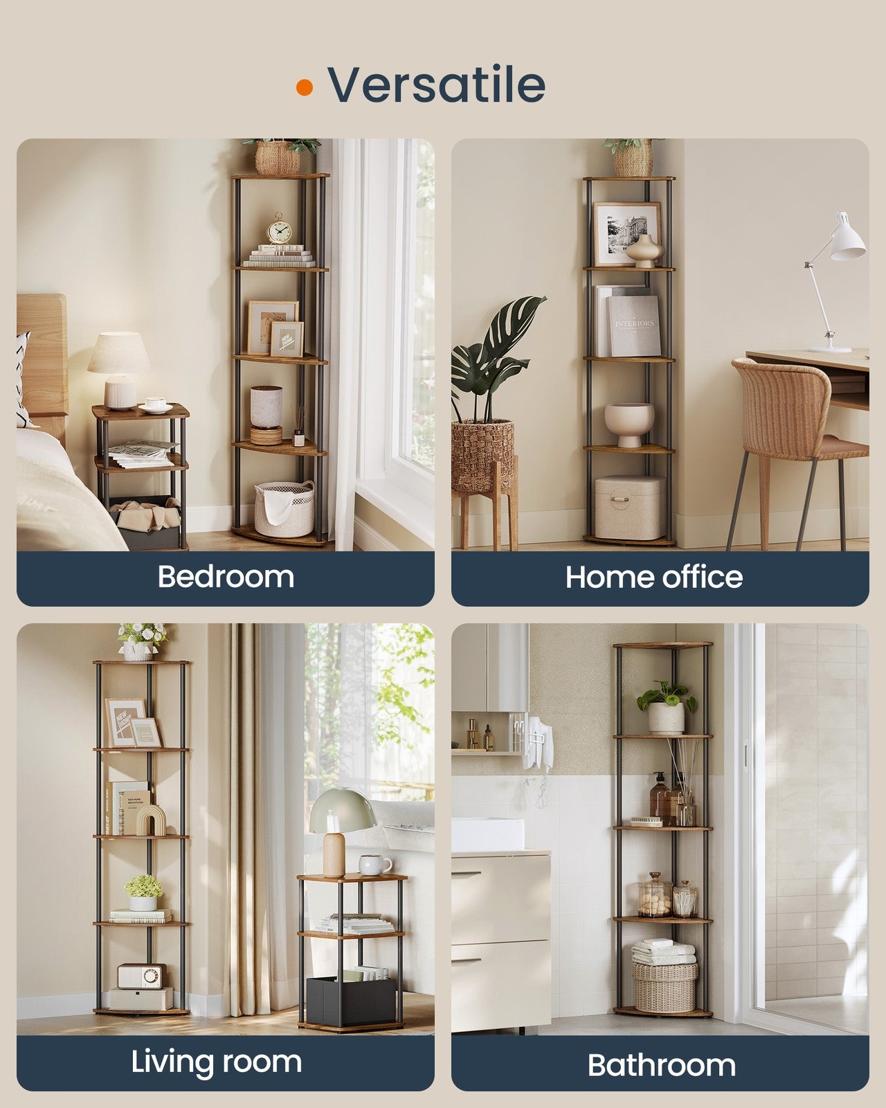Corner Shelf - Superfast Toolless Assembly - 5-Tier Corner Standing Shelf - Corner Shelf Stand - Rustic Brown