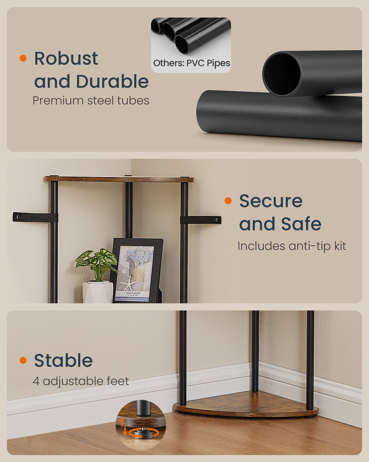 Corner Shelf - Superfast Toolless Assembly - 5-Tier Corner Standing Shelf - Corner Shelf Stand - Rustic Brown