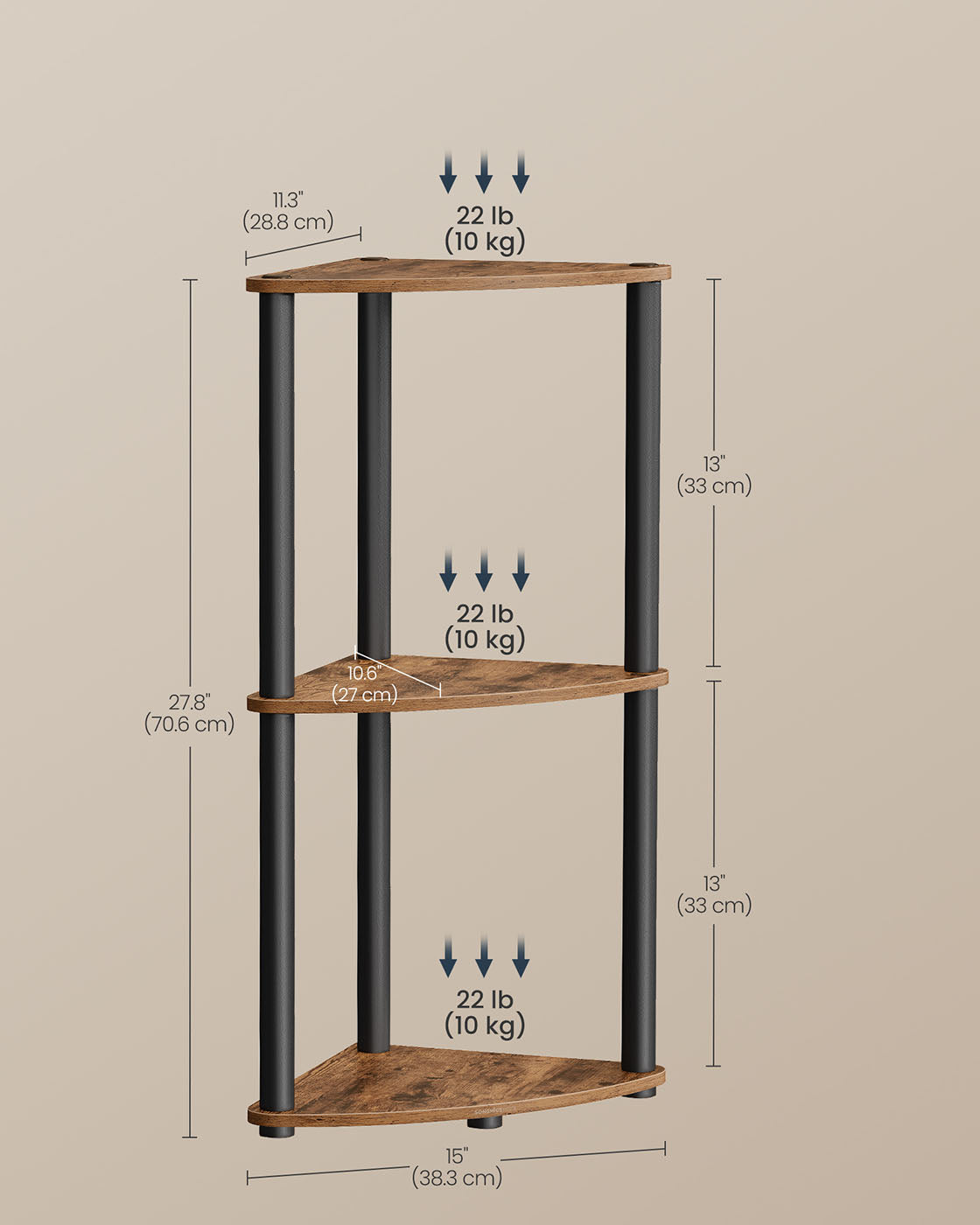 Superfast Toolless Assembly Corner Shelf Stand 3-Tier Rustic Brown - Rustic Brown