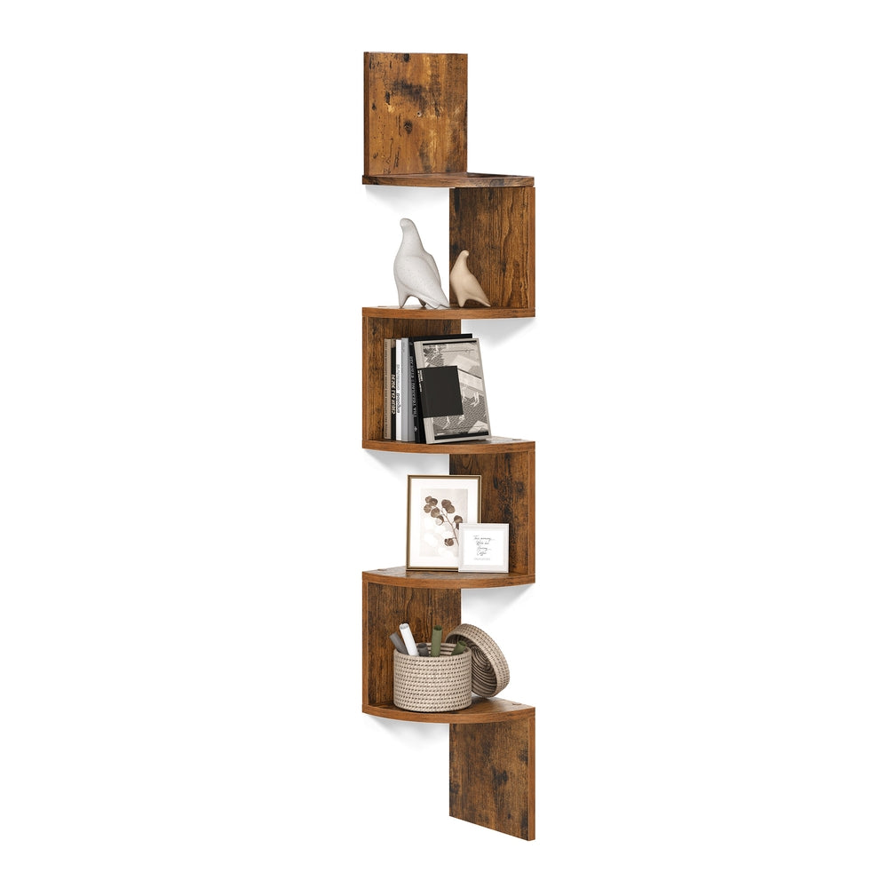 5-Tier Floating Corner Bookshelf - Rustic Brown