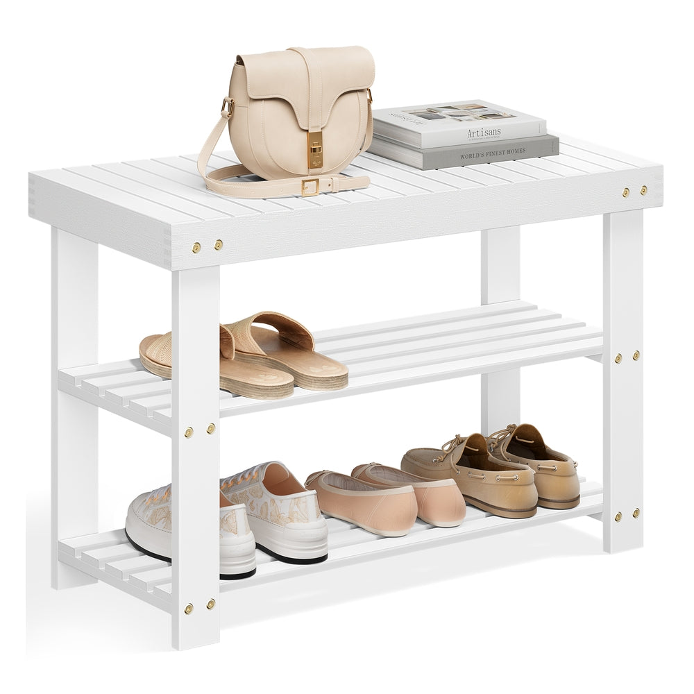 Shoe Rack Bench 3-Tier Bamboo Shoe Storage Organizer Ink Black - White - 11.3"D x 27.6”W x 17.8"H