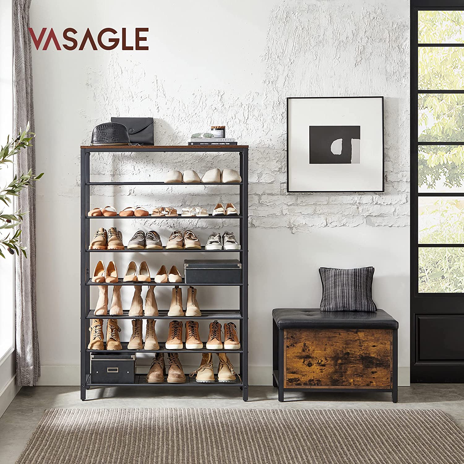 7 Tier Shoe Rack for 32-40 Pairs of Shoes - Rustic Brown, Black