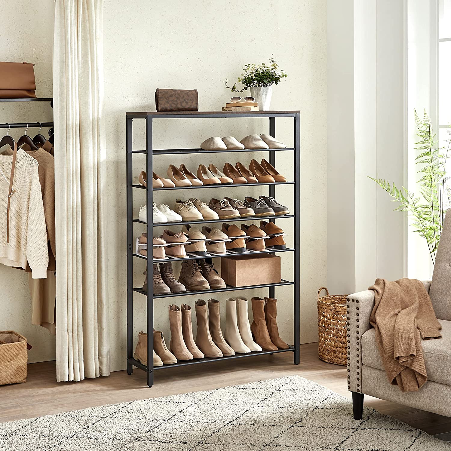 7 Tier Shoe Rack for 32-40 Pairs of Shoes - Rustic Brown, Black