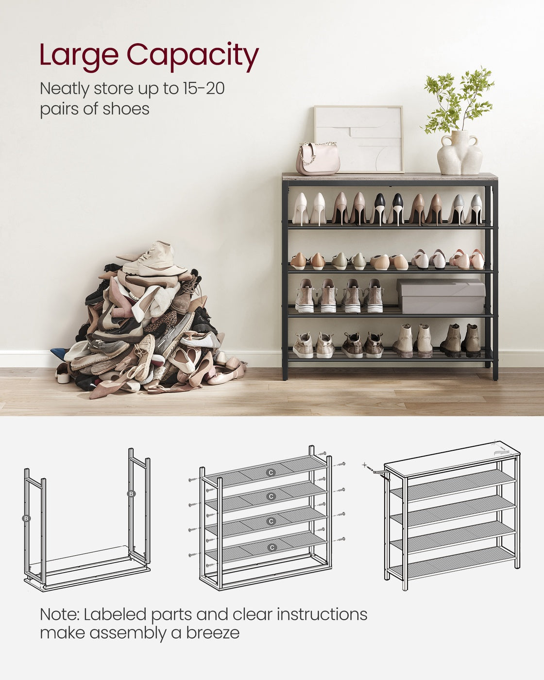 INDESTIC Shoe Rack with 4 Mesh Shelves and Large Top for Bags - Greige, Black