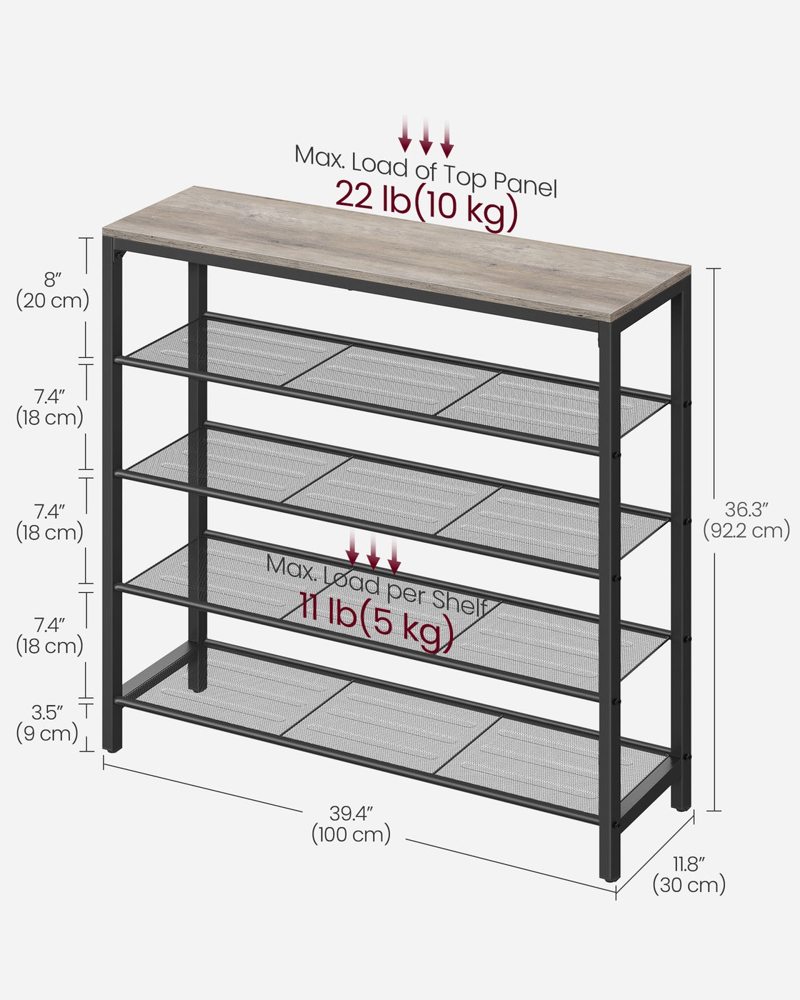 INDESTIC Shoe Rack with 4 Mesh Shelves and Large Top for Bags - Greige, Black