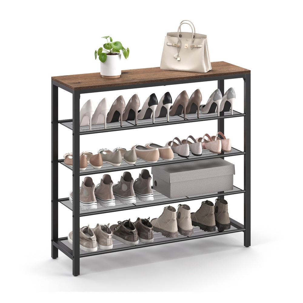INDESTIC Shoe Rack with 4 Mesh Shelves and Large Top for Bags - Hazelnut Brown, Black