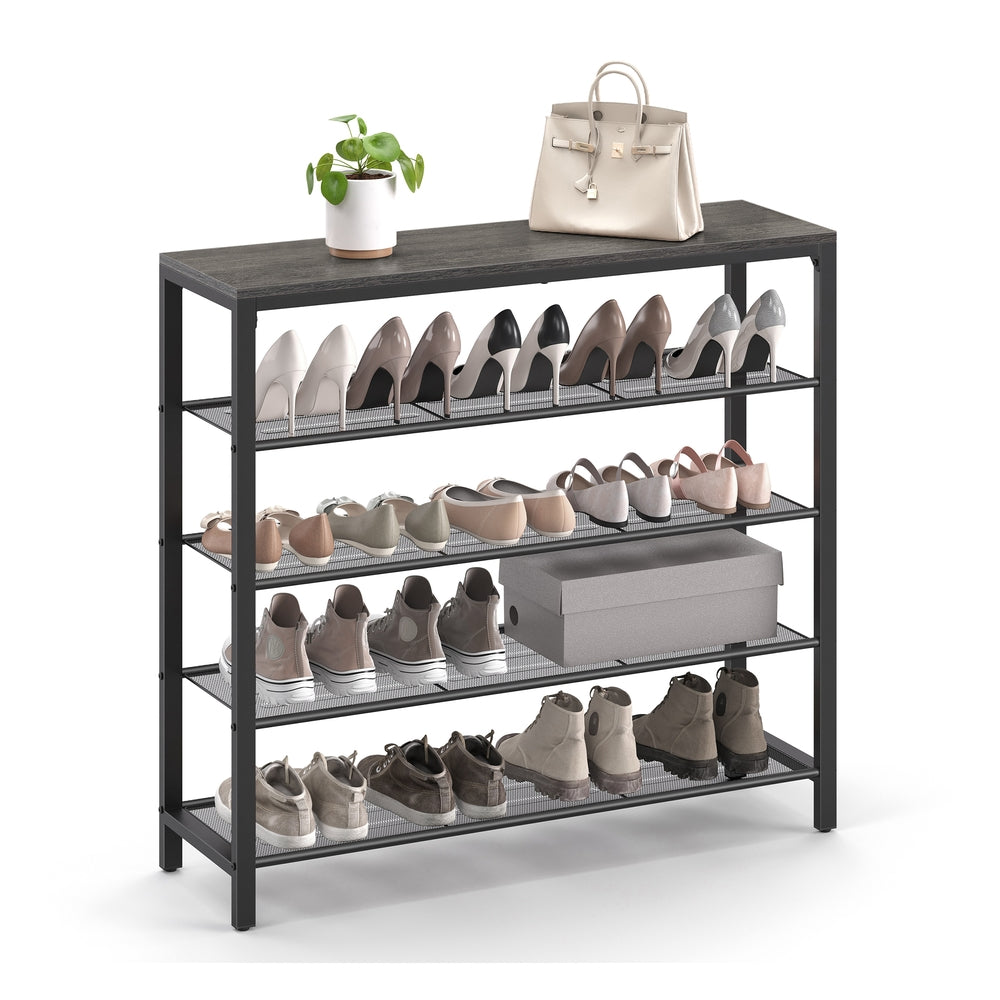 INDESTIC Shoe Rack with 4 Mesh Shelves and Large Top for Bags - Charcoal Gray, Black