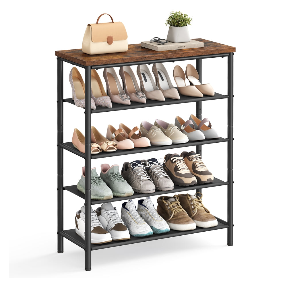 5 Tier Shoe Storage Rack for 12-16 Pairs of Shoes - Rustic Brown, Black