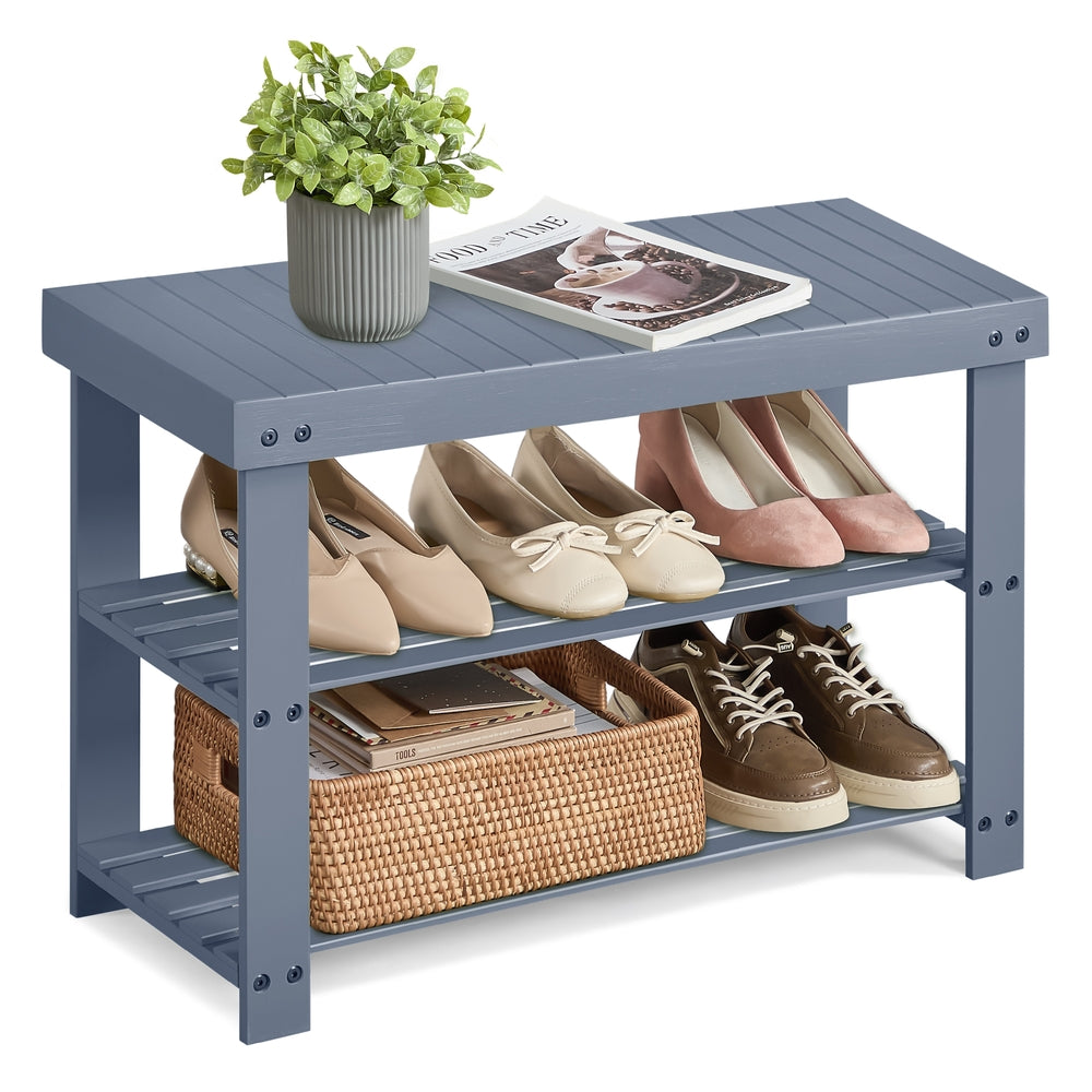 Shoe Rack Bench 3-Tier Bamboo Shoe Storage Organizer Ink Black - Gray - 11.3"D x 27.6”W x 17.8"H