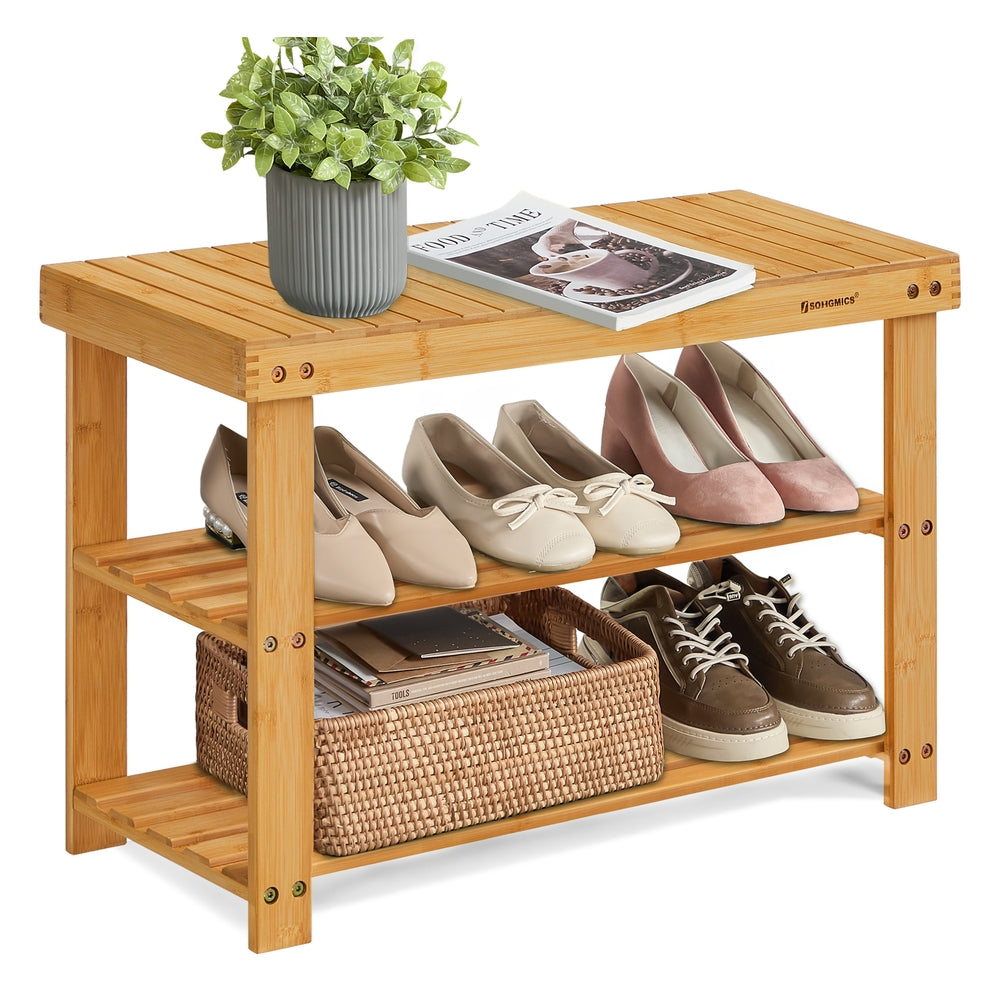Shoe Rack Bench 3-Tier Bamboo Shoe Storage Organizer Ink Black - Natural - 11.3"D x 27.6”W x 17.8"H